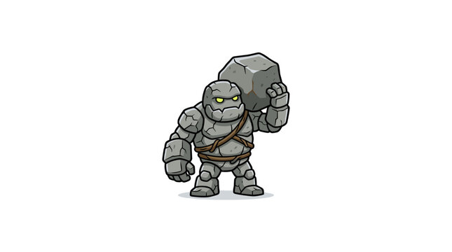 Stone golem monster carrying a heavy rock in cartoon vector style