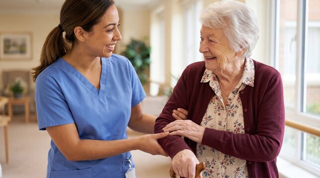 Smiling nurse in blue scrubs supports elderly woman with a walker in a bright care facility corridor, showing compassion, assistance, and senior healthcare
