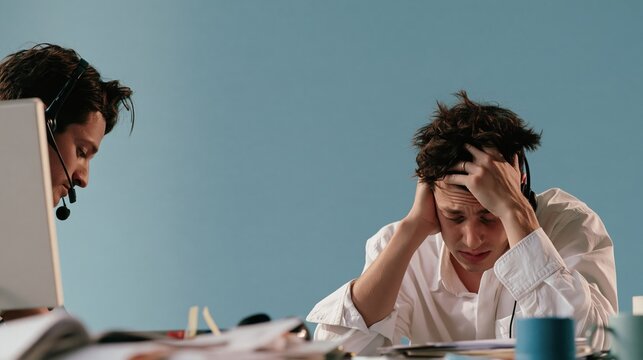 Funny IT support man in headset staring at computer screen with utter confusion in a cluttered office, humorous tech photo with copy space on the right