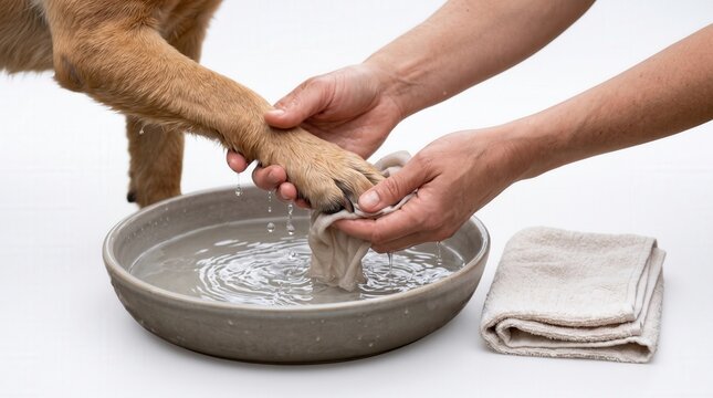 Hands rinsing a dog paw after a salted winter walk