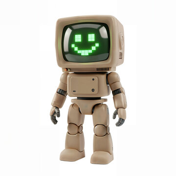 Cute 3D retro-futuristic robot toy with a beige body and a vintage CRT monitor head displaying a glowing green pixelated smile. Isolated on a white background.