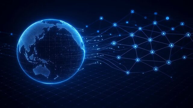 High-Tech Digital Globe with Glowing Connections and Nodes on Dark Background
