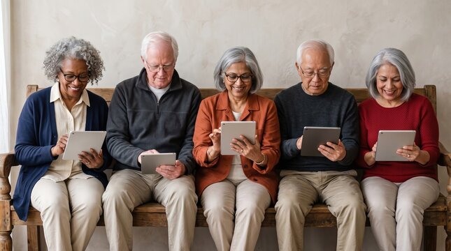 Five senior adults sitting on a wooden bench, smiling and using tablet computers; diverse men and women with gray hair in casual sweaters, looking down at screens