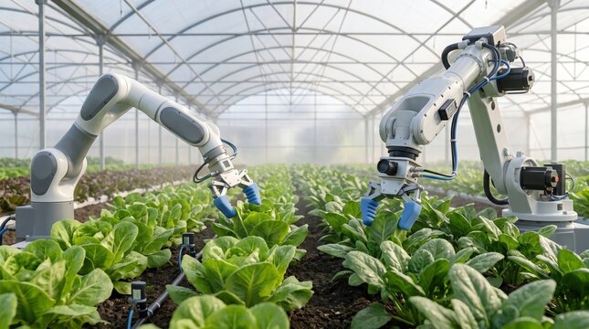 Two robotic arms with grippers harvest leafy green vegetables in a greenhouse tunnel, with irrigation lines and rows of crops in rich soil under a curved frame