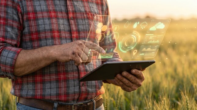 Farmer in plaid shirt using a digital tablet in a crop field at sunset, with futuristic hologram interface icons over the screen, suggesting smart farming and data analysis