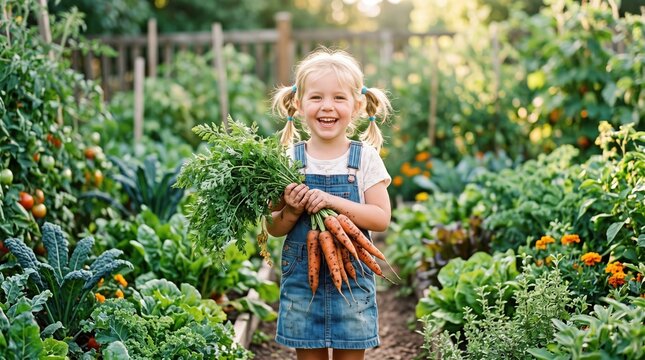 Smiling blond girl in denim overall dress holds bunch of freshly harvested carrots with greens, standing on a garden path among leafy vegetable beds in sunlight