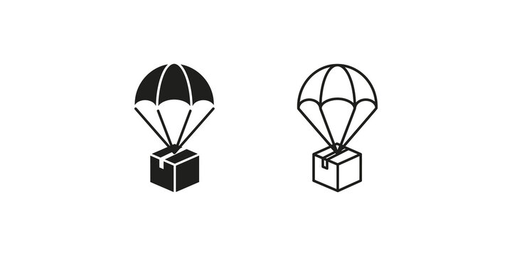 Parachute delivery cargo icon set featuring solid and outline shipping box transport graphics.