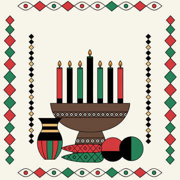 Kwanzaa kinara with unity cup and harvest symbols, festive cultural celebration concept in flat vector style
