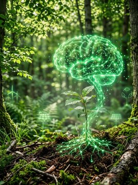 Glowing human brain tree growing in a lush green forest isolated on white background, illustration