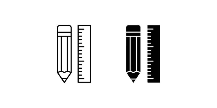 Pencil and ruler measurement tools in outline and solid icons for drafting.