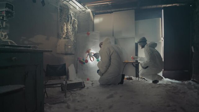 Researchers kneeling in icy ruin documenting contamination with dosimeter and labeled container, methodical cataloging on clipboard, sanitized protocol and quarantine markers, shuttered window light