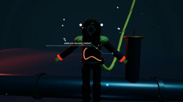 3D animation of a hot water diving suit technical schematic detailing the umbilical delivery conduit thermal envelope and life support systems for deep sea abyssal exploration