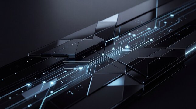 Abstract dark technological background with glowing blue circuits and data streams, representing futuristic digital networks and innovation