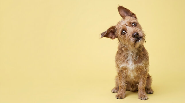 Cute scruffy terrier dog tilting head for funny memes