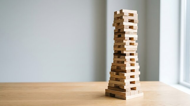 Tall wooden block tower game standing carefully balanced on a smooth wooden table