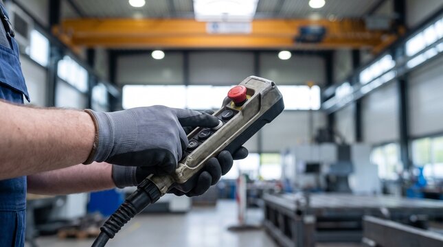 Worker Operating Industrial Crane Control Pendant with Protective Glove in Manufacturing Factory