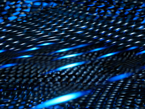 Abstract dark technology pattern with sharp metallic geometric shapes and glowing neon blue lines, cyber security mesh, 3d render