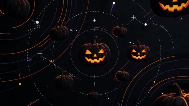 Animated glowing jack o lantern pumpkins with digital lines and abstract patterns on black background with video dark background celebration halloween orange