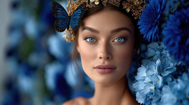 Beautiful woman blue eyes butterfly floral crown natural makeup surrounded by blue flowers dreamy