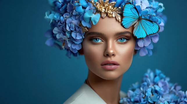 Blue eyes woman floral headpiece butterfly blue flower portrait beauty fashion Elegant woman with blue eyes wearing floral