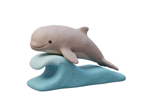 Cute 3D clay Irrawaddy dolphin swimming on wave