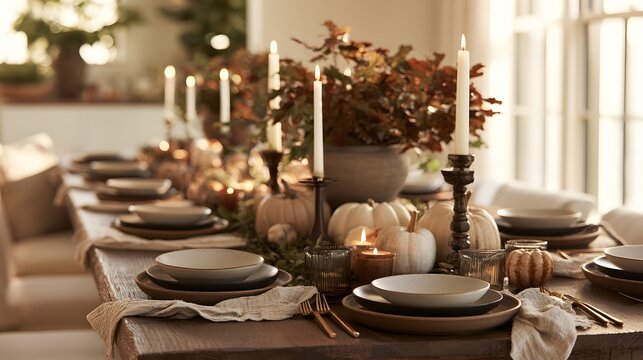 Elegant thanksgiving table setting with white pumpkins, candles, and autumn foliage decor