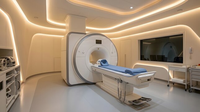 Advanced mri scanner machine inside a modern brightly illuminated hospital diagnostics room featuring futuristic curved ceiling architecture
