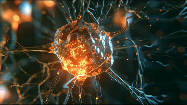 Cells communicate and change connections in a dynamic biological setting. Activity shows interaction and transformation among cells.