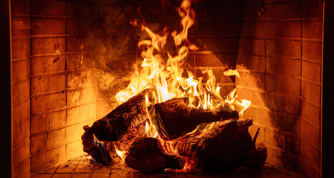 Fireplace burning wood logs. Cozy warm home in winter, Christmas time bonfire. Fire flames