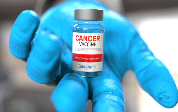 Medical worker holding a cancer vaccine and Sildenafil medication vial in a laboratory