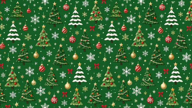 Multiple Christmas trees and decorations on a green background for holiday celebrations and festive occasions