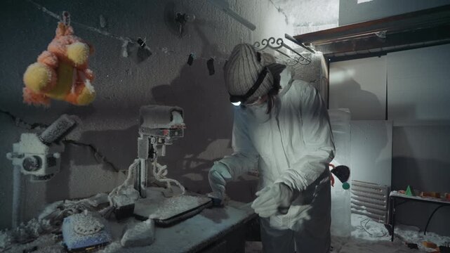 Scientist in ruined lab retrieving sample from cluttered bench, focused headlamp, microscope and slides, gloves and mask, hanging plush toy as eerie reminder, rusted instruments, urgent measured