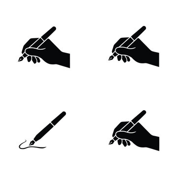 Silhouettes of hands holding quill pens depict writing and calligraphy on a white background pen hand