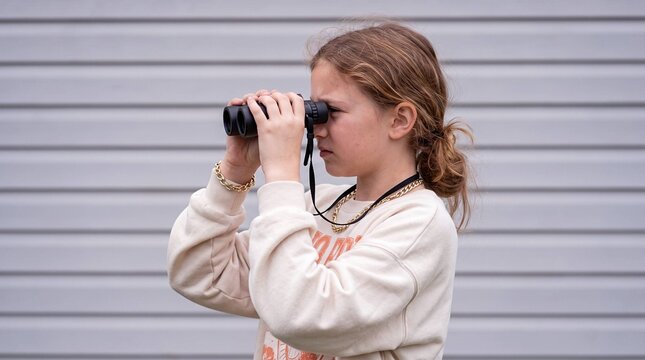 Young girl looking through binoculars, curious child exploration portrait