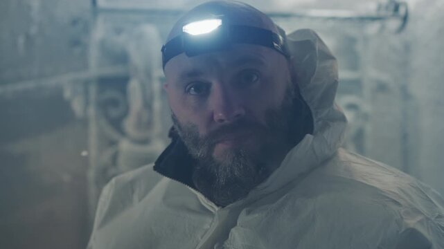 White scientist in hazmat suit inspecting frozen sample abandoned lab pipes frosted beard dusted with ice headlamp beam casts cold glow tense reflective mood archival files hint nuclear winter