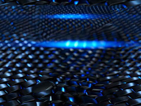 Futuristic digital wave pattern with blue glowing fiber optic data lines on deep black background, cyber space concept, 3d render