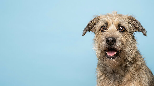 Surprised scruffy mixed-breed dog making funny memes face on blue background
