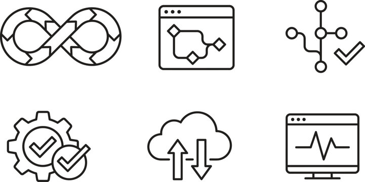 DevOps Lifecycle Software Development Infinity Loop Git Branching Cloud Computing Verification Gears and System Monitoring Line Icon Set