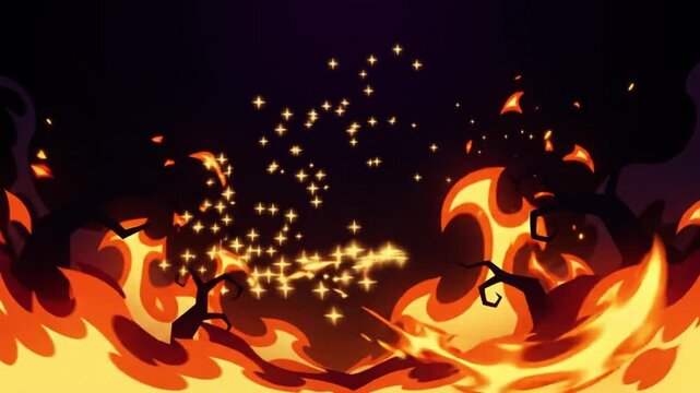 Animated cartoon fire with glowing sparks and spooky face on a dark background with stylized animation flickering floating sparkles against flickering orange