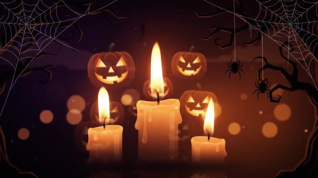 Burning candles with glowing orange light in a dark spooky forest setting for celebration with background silhouettes trees candles flickering flames seasonal