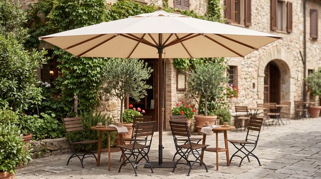 Charming Outdoor Cafe Patio with Sun Umbrella and Rustic Seating in European Village