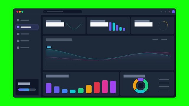 Grid of dark ui dashboards with data charts on green screen