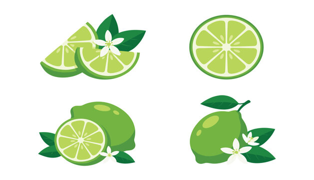 Fresh lime fruit flat vector illustration set. Whole green lime, sliced round pieces, segments, white blossoms, green leaves and sour citrus food elements.
