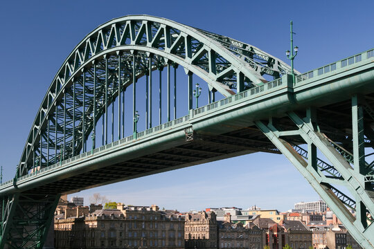 Low angle view of the historic Tyne Bridge structure in Newcastle upon Tyne
