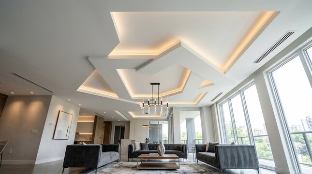 Modern interior living room with abstract ceiling design and large windows