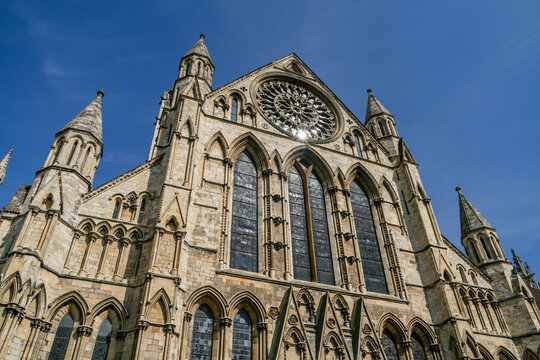 Architectural detail of York Minster facade and historic stonework in England