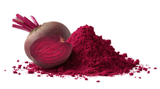 Fresh beetroot half with vibrant magenta beetroot powder pile beside it, organic vegetable and natural pigment isolated on white background