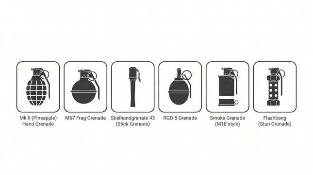 Grenade icon set featuring explosive device silhouettes, military equipment symbols, tactical defense graphics, minimalist vector illustrations.