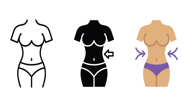 Women weight loss slim waist vector icon set. Female body fitness, outline style, black silhouette, flat design with compression arrows, health and diet elements.