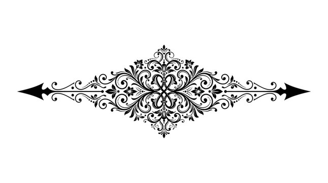 Elegant black and white ornate horizontal divider with symmetrical scrollwork and arrow ends, vintage decorative flourish design element.